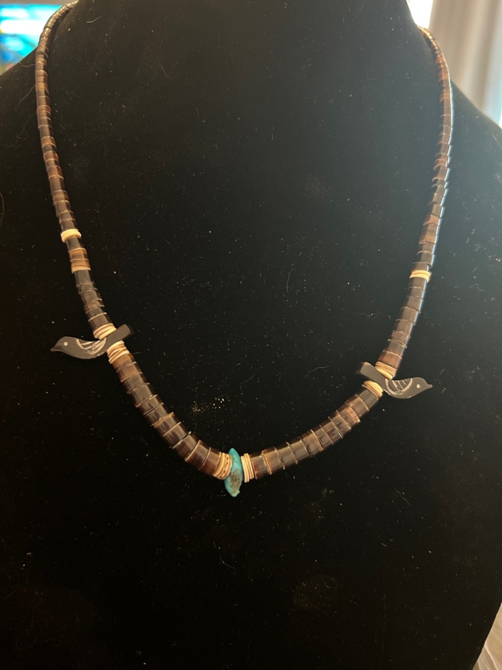 Handmade Black and Brown Beaded Fetish Necklace with Turquoise Accent